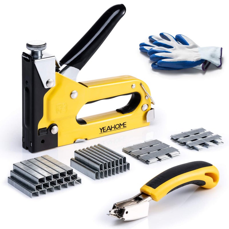 YEAHOME Upholstery 4 in 1 Staple Gun Heavy Duty, with 6000 Staples, Remover, Gloves, Manual Brad Nailer Power Adjustment Stapler Gun for Wood, Upholstery, Carpentry, Decoration DIY Staple Gun - Image 1